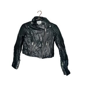 SAMANTHA SIPOS Black Ribbed 100% Leather Biker Cropped Jacket Size Extra Small